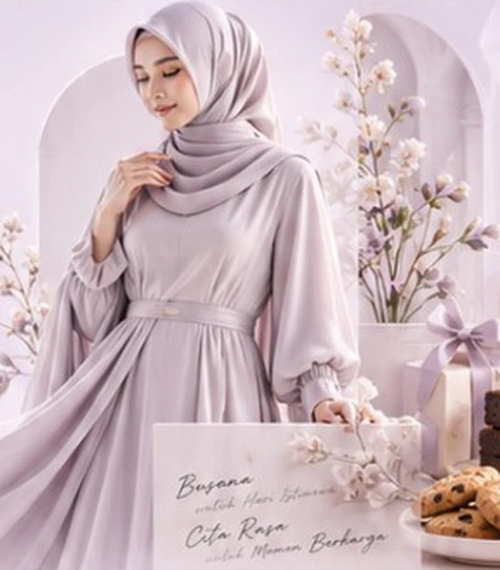 Busana elegan dengan nuansa dusty purple dan bunga dekoratif