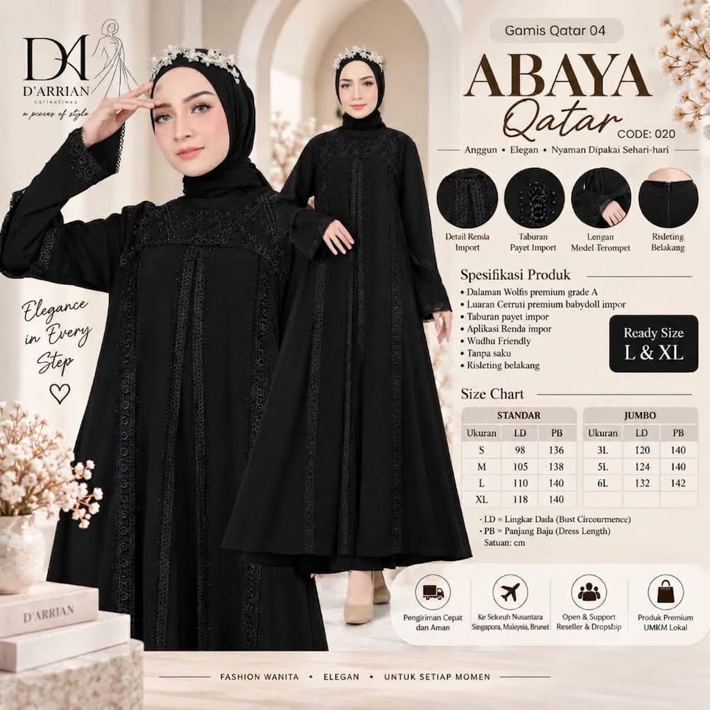 Best Seller D’Arrian Abaya Black Qatar Wolfis Premium All Size