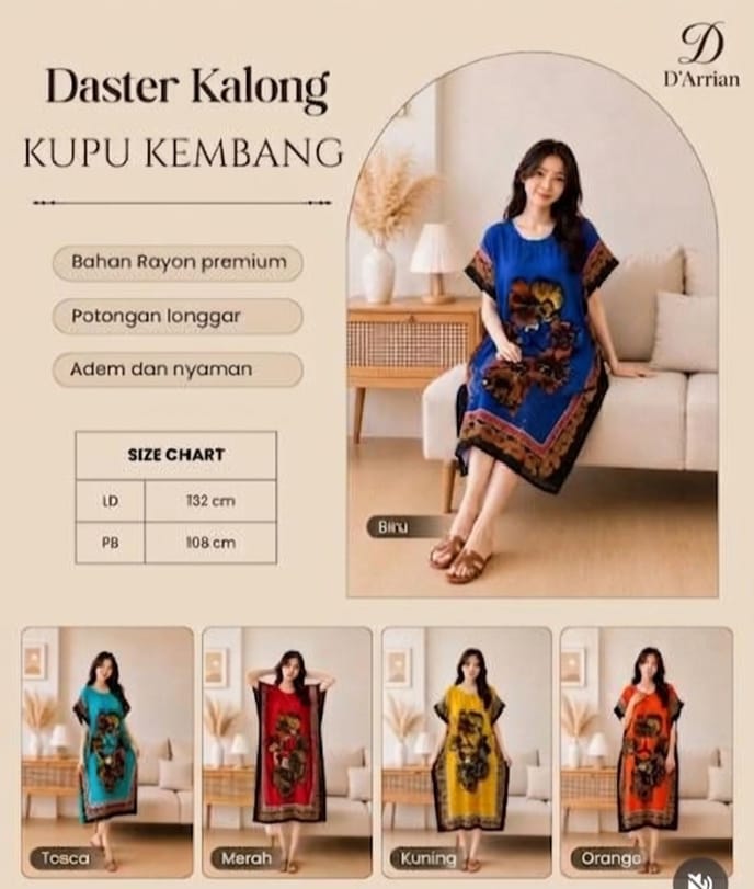 Daster Kalong Kupu Kembang D’Arrian Collection wanita rayon motif kupu-kupu lengan pendek
