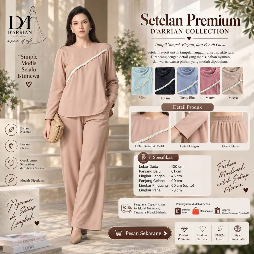 Setelan Premium D’Arrian Collection Wanita Lengan Panjang Celana Panjang Sederhana All Size