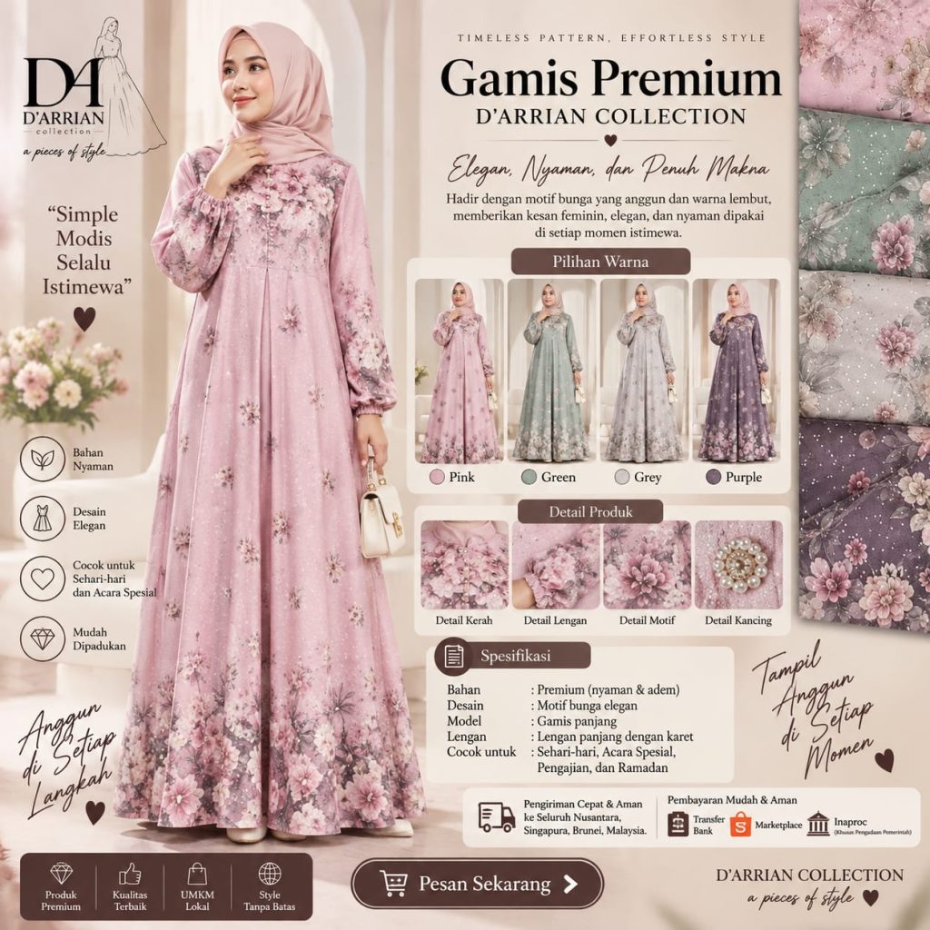 Gamis Premium D’Arrian Collection Motif Bunga Wanita Lengan Panjang All Size
