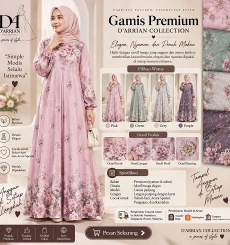Gamis Premium D’Arrian Collection Motif Bunga Wanita Lengan Panjang All Size