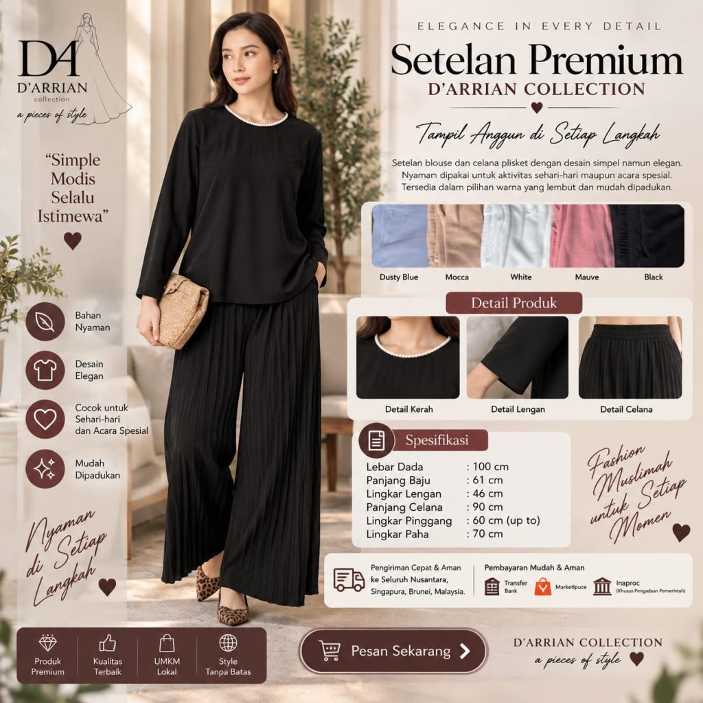 Setelan Blouse Celana Plisket D’ARRIAN Collection Premium Wanita Lengan Panjang All Size