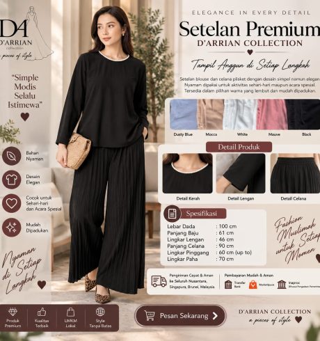Setelan Blouse Celana Plisket D’ARRIAN Collection Premium Wanita Lengan Panjang All Size
