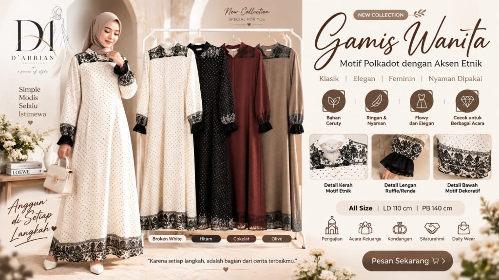 D’Arrrian Hayya Dress Motif Polkadot dengan Aksen Etnik All Size Klasik Feminin